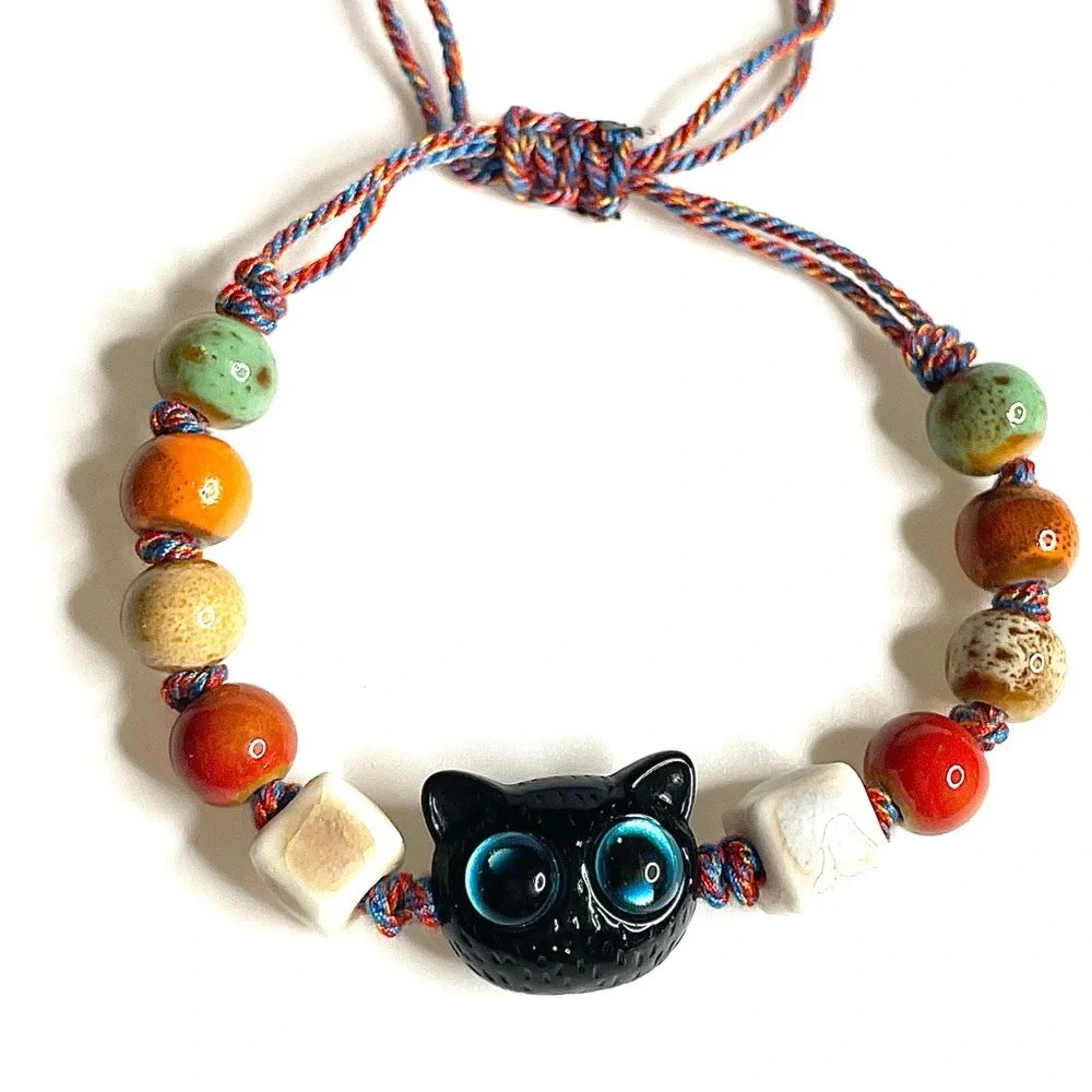 Black Cat Bracelet Red white Tan orange Ceramic Beaded Adjustable Cord